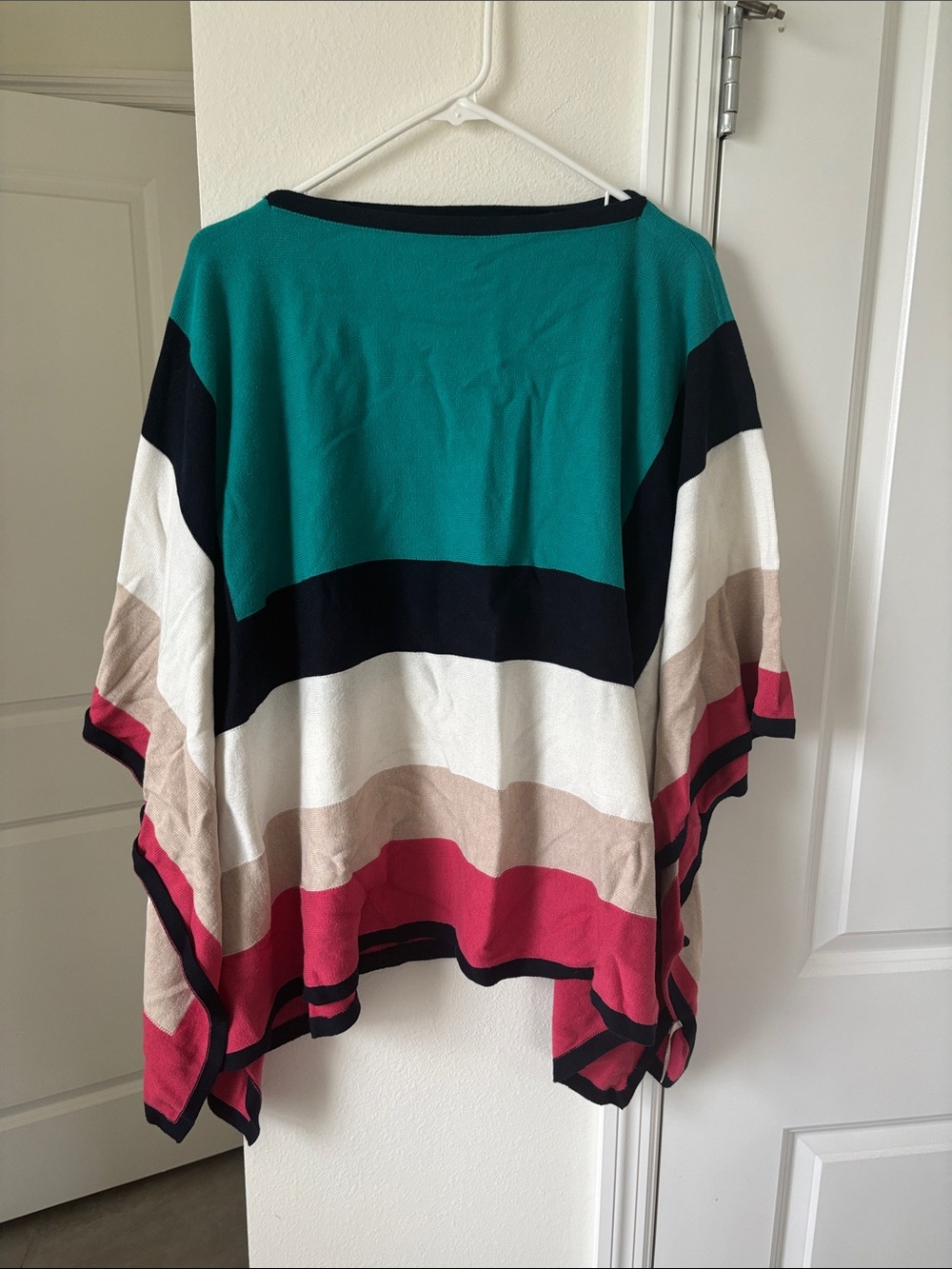 Rafaella Teal, Black, Cream & Pink Striped Sweater Poncho